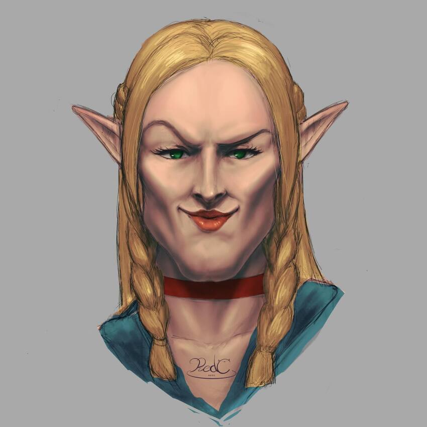 1girl braided_sidelock cheekbones choker cleft_chin commentary dungeon_meshi forehead hashtag-only_commentary highres lipstick makeup man_face marcille_donato pointy_ears portrait raised_eyebrow red_choker red_lips redc0928 shapeshifter_(dungeon_meshi) signature smile solo