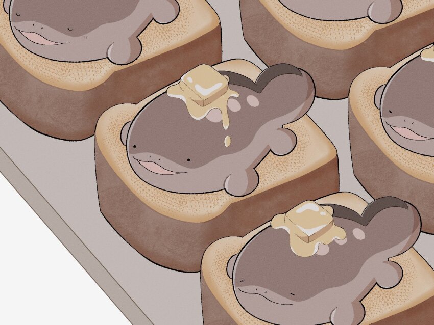 :3 black_eyes bread bread_slice butter clodsire closed_eyes closed_mouth food game_freak highres nintendo no_humans nostrils on_food open_mouth pokemon pokemon_(creature) pokemon_focus smprfms tray white_background