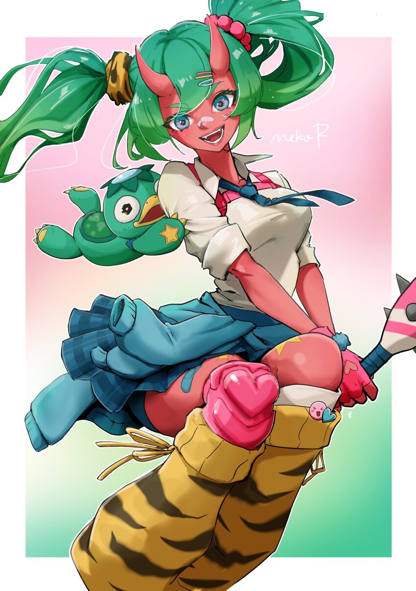 1girl :d animal_print aqua_eyes bandaid bandaid_on_face bandaid_on_nose clothes_around_waist club club_(weapon) collared_shirt colored_skin commentary english_commentary fangs feet_out_of_frame fingerless_gloves fortnite gloves green_hair hair_ornament hairpin highres holding holding_club holding_weapon horns invisible_chair jacket jacket_around_waist leg_warmers looking_at_viewer nekoramen222 nemia_(fortnite) oni open_mouth pink_gloves pleated_skirt red_skin shirt short_twintails sitting skin-covered_horns skirt smile solo spiked_club tiger_print twintails weapon white_shirt