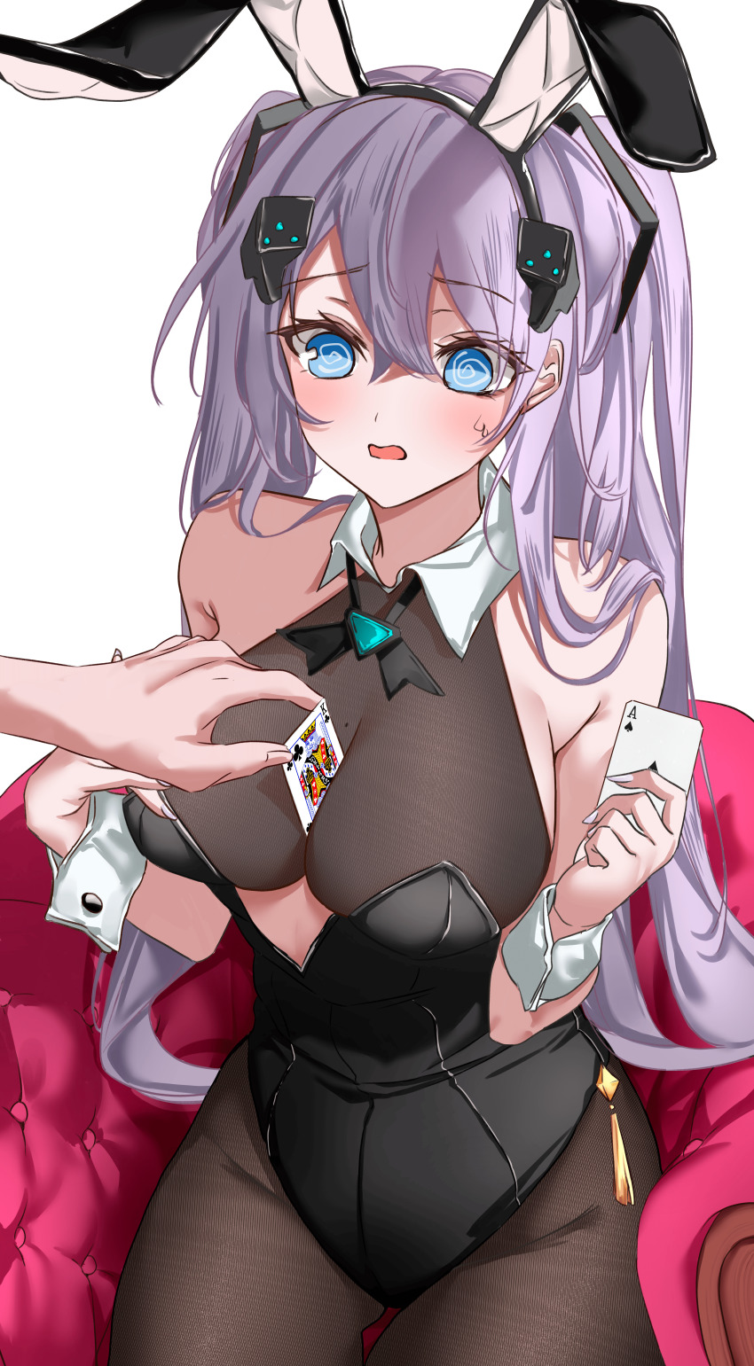 @_@ absurdres ace_(playing_card) ace_of_spades animal_ears azur_lane bare_shoulders blue_eyes blush bow bowtie breasts card cleavage cleavage_reach collar commission commissioner_upload embarrassed grey_hair hair_between_eyes hair_ornament hair_through_headwear highres holding holding_card intrepid_(azur_lane) king_(playing_card) king_of_clubs large_breasts leggings leotard long_hair looking_at_viewer mole mole_on_breast non-web_source on_chair open_mouth playboy_bunny playing_card rabbit_ears sideboob simple_background spade_(shape) two_side_up vayneeeee wrist_cuffs