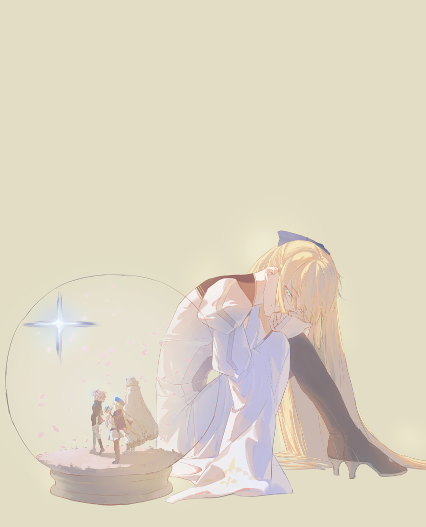 1boy 2girls absurdres artoria_caster_(fate) artoria_caster_(third_ascension)_(fate) artoria_pendragon_(fate) blonde_hair blue_eyes bow eden_one1 fate/grand_order fate_(series) fujimaru_ritsuka_(female) hair_between_eyes hair_bow highres long_hair multiple_girls oberon_(fate) oberon_(second_ascension)_(fate) orange_hair short_hair
