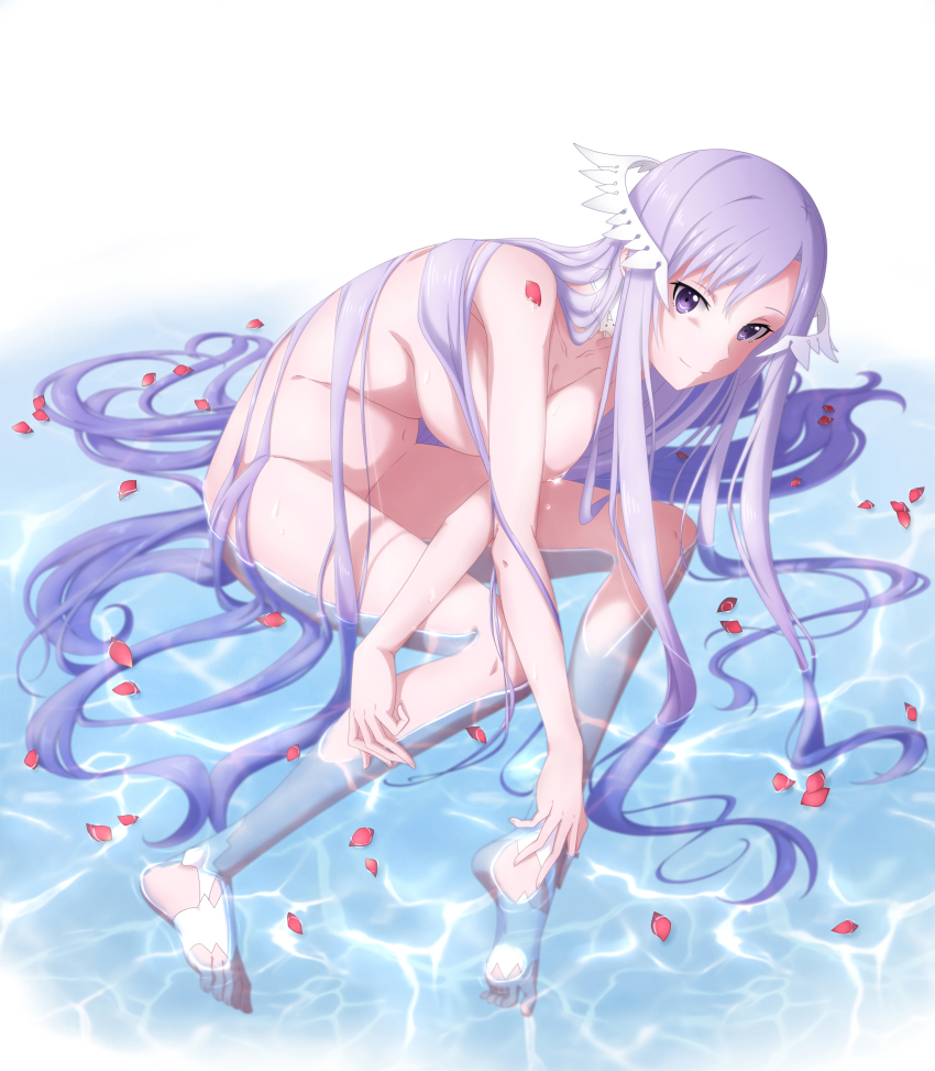 1girl absurdres bare_arms bare_legs bare_shoulders barefoot_sandals_(jewelry) breasts feet flower hair_censor hair_over_breasts hair_over_crotch highres large_breasts long_hair looking_at_viewer matching_hair/eyes nude pedal peri_(qq2748089832) purple_eyes purple_hair quinella rose soles sword_art_online sword_art_online:_alicization very_long_hair water wet
