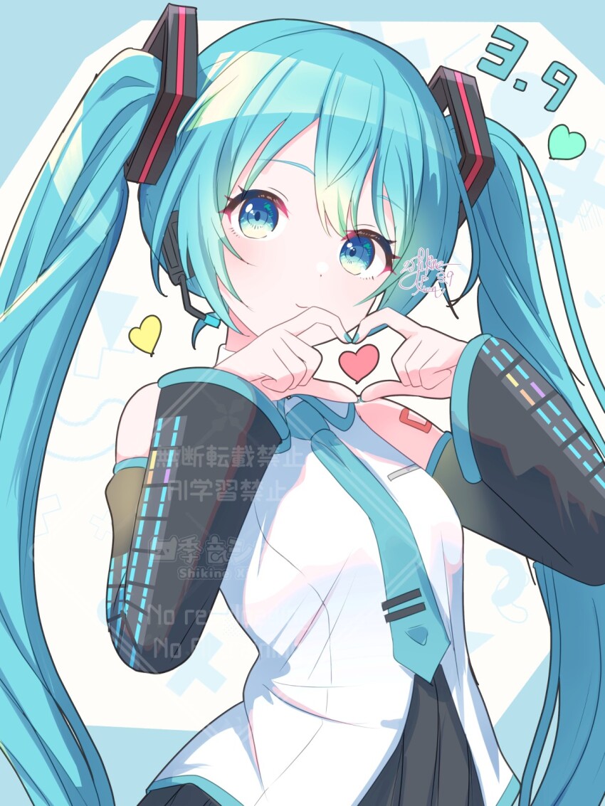 1girl 39 :3 black_skirt black_sleeves blue_eyes blue_hair blue_necktie closed_mouth detached_sleeves dress_shirt hair_between_eyes hair_ornament hatsune_miku headphones headset heart heart_hands highres long_hair long_sleeves looking_at_viewer microphone miku_day necktie pleated_skirt shikinexion shirt skirt sleeveless sleeveless_shirt smile solo standing twintails upper_body very_long_hair vocaloid watermark white_shirt