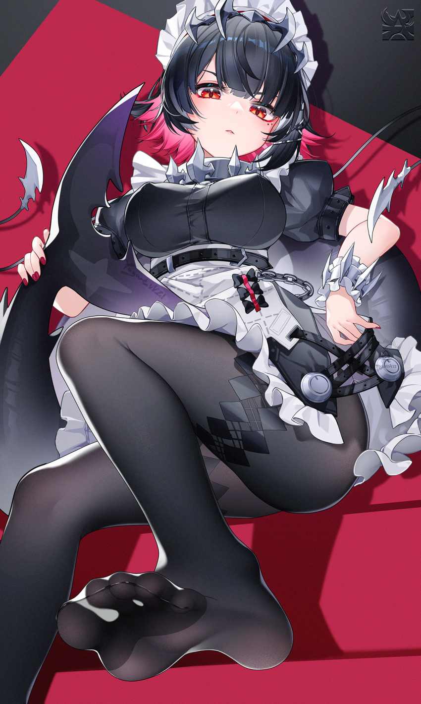 1girl black_dress black_hair black_pantyhose breasts colored_inner_hair covered_erect_nipples dress ellen_joe feet fingernails fins fish_tail hair_between_eyes highres large_breasts looking_at_viewer maid maid_headdress mole mole_under_eye multicolored_hair nail_polish no_shoes open_mouth pantyhose red_eyes red_hair red_nails shadow shark_tail short_hair short_sleeves sidelocks sitting soles solo suaynnai_wanzi tail thighs toes zenless_zone_zero