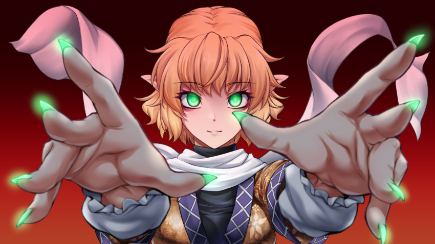 1girl black_shirt blonde_hair breasts brown_shirt commentary_request fingernails glowing glowing_eyes glowing_nails gradient_background green_eyes green_nails highres looking_at_viewer medium_breasts mizuhashi_parsee nail_polish ootsuki_wataru parted_lips pointy_ears reaching reaching_towards_viewer red_background scarf sharp_fingernails shirt short_hair smile solo touhou undershirt upper_body white_scarf