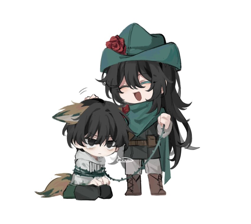 2boys animal_ears bags_under_eyes belt black_hair boots bound brown_boots chibi chibi_only closed_eyes double-parted_bangs e.g.o_(project_moon) flower fox_ears fox_tail full_body green_hat green_scarf grin hair_between_eyes hat headpat highres holding_lasso hong_lu_(project_moon) hood hood_down hoodie lasso lasso_(e.g.o) limbus_company long_hair multiple_boys open_mouth project_moon red_flower red_rose rose scarf seiza sitting smile standing sunshower_(e.g.o) tail tied_up_(nonsexual) very_long_hair white_background white_hoodie wuzinan19 yi_sang_(project_moon)