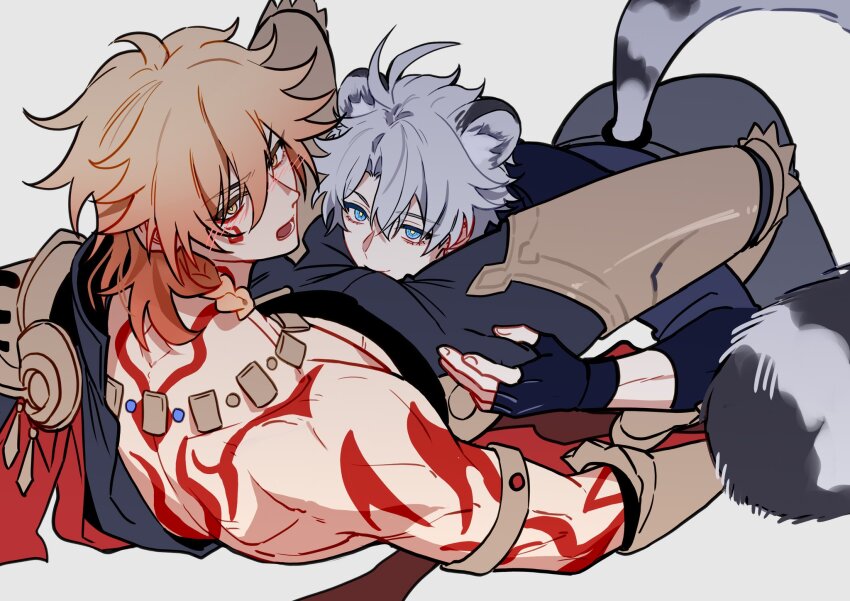 2boys abs animal_ear_fluff antenna_hair arm_tattoo armlet armor armored_boots black_choker black_coat black_gloves black_pants black_shirt blonde_hair blue_coat blue_eyes blush boots braid cape chest_tattoo choker clawed_gauntlets coat collared_shirt commentary face_in_crotch facial_tattoo fingerless_gloves flustered gloves gold_necklace gradient_hair grey_background hair_between_eyes hands_on_another&#039;s_chest highres honkai:_star_rail honkai_(series) jewelry male_focus multicolored_hair multiple_boys mydei_(honkai:_star_rail) necklace open_clothes open_coat open_mouth pants pauldrons phainon_(honkai:_star_rail) red_cape red_hair red_tattoo shirt shoulder_armor side_braid side_cape simple_background single_glove single_pauldron snow_leopard_boy snow_leopard_ears snow_leopard_tail sweatdrop tattoo toned toned_male white_hair yaoi yellow_eyes yuelinpanp98413
