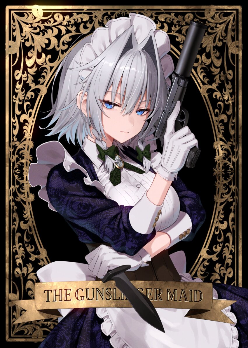 1girl absurdres apron blue_dress blue_eyes bow bowtie braid breasts closed_mouth commentary cowboy_shot dress english_commentary english_text expressionless floral_print frilled_apron frills gloves green_bow green_bowtie green_ribbon greenkohgen grey_hair gun hair_between_eyes hair_bow hair_intakes hand_up handgun highres holding holding_gun holding_knife holding_weapon izayoi_sakuya knife large_breasts long_sleeves looking_at_viewer maid_headdress medium_breasts medium_hair mk_22_pistol neck_ribbon ribbon s&amp;w_m39 short_hair side_braids smith_&amp;_wesson solo suppressor touhou waist_apron weapon weapon_request white_apron white_gloves