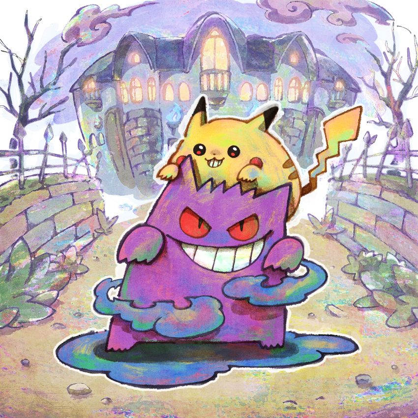 absurdres bare_tree cloud commentary_request fence full_body gen_1_pokemon gengar grin highres imomushi_(pixiv_9001433) mansion nintendo no_humans outdoors pikachu pokemon pokemon_(creature) red_eyes smile smoke tree