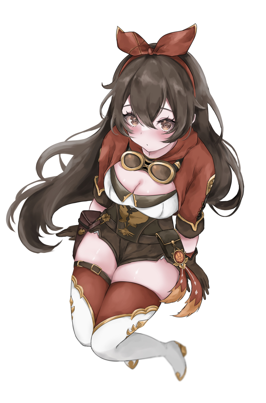 1girl absurdres amber_(genshin_impact) boots breasts brown_hair brown_shorts cleavage cleavage_cutout clothing_cutout from_above genshin_impact goggles goggles_around_neck hair_ribbon highres long_hair looking_at_viewer red_ribbon red_shrug ribbon shorts shrug_(clothing) solo thigh_boots thighs uriu_ri very_long_hair vision_(genshin_impact) white_background yellow_eyes