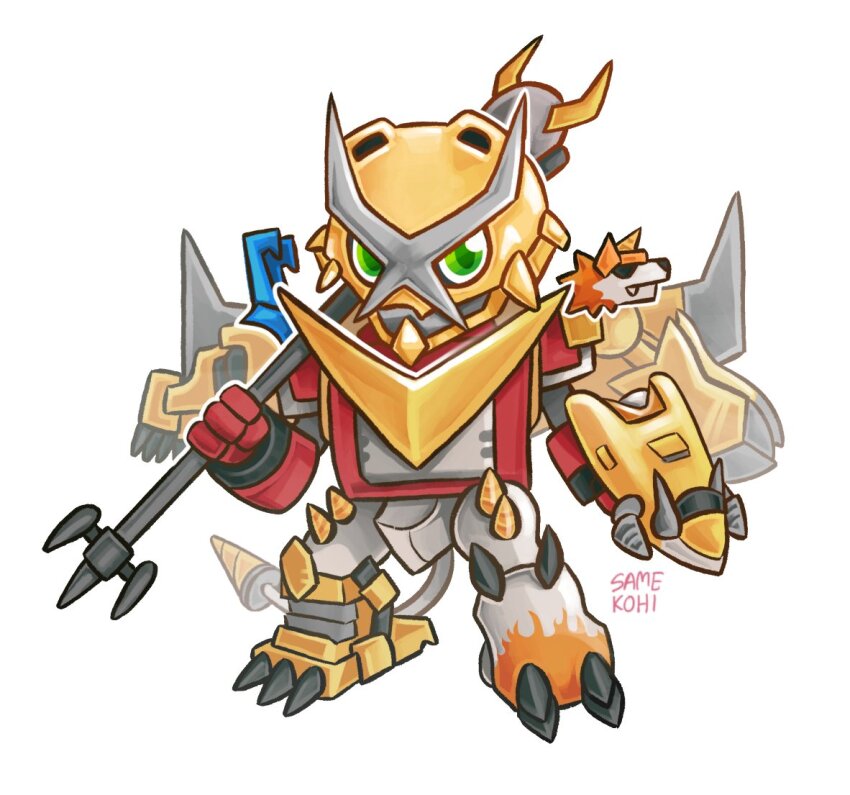 digimon digimon_(creature) looking_at_viewer microphone robot shoutmon_x7 solo tail