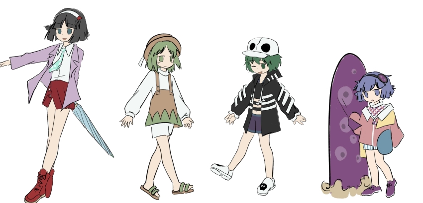 4others absurdres adapted_costume amanomiya_jun amanomori_shou androgynous baila_kuangzi black_hair black_hairband black_shirt blue_eyes blue_hair blue_necktie blue_umbrella brown_headwear brown_skirt chinese_commentary closed_mouth collared_shirt commentary_request green_eyes green_hair hairband hat highres holding holding_umbrella hood hood_down hooded_jacket jacket kitsugai_sese len&#039;en long_sleeves medium_hair miniskirt mitsumo multiple_others navel necktie one_eye_closed open_clothes open_jacket open_mouth other_focus pink_jacket polka_dot_necktie purple_jacket purple_shoes purple_shorts red_shoes red_skirt sandals shirt shoes short_hair shorts simple_background skirt smile suspender_skirt suspenders terumi_(len&#039;en) umbrella white_background white_hairband white_headwear white_shirt white_shoes white_shorts
