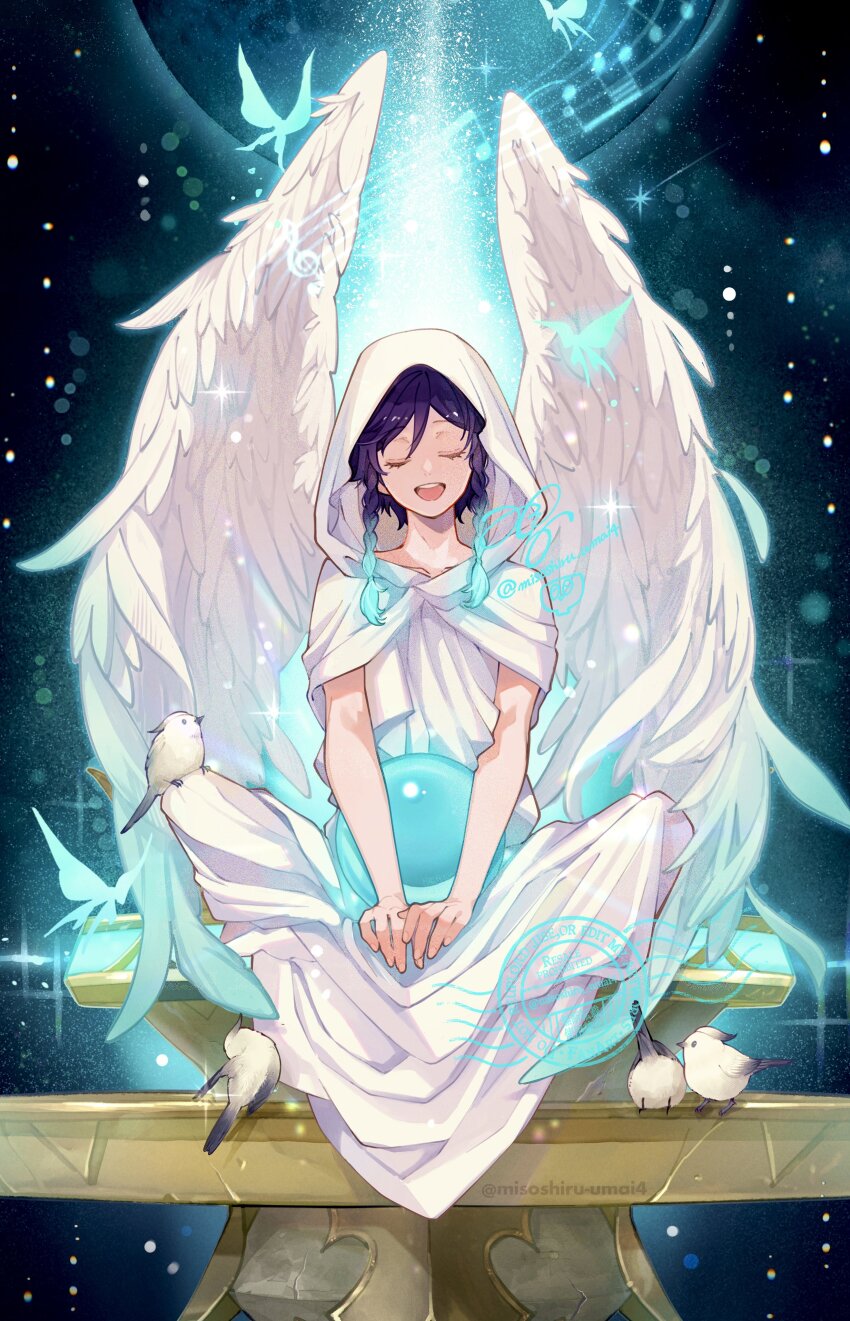 1boy absurdres androgynous angel_wings artist_name beak bird black_hair blue_background blue_butterfly blue_hair braid bug butterfly cape closed_eyes commentary crystalfly_(genshin_impact) english_commentary feathered_wings full_body genshin_impact gradient_hair hair_between_eyes highres hood hooded_cape insect male_focus misoshiru_umai4 multicolored_hair musical_note open_mouth orb short_hair signature sitting smile sparkle_background teeth twin_braids venti_(genshin_impact) white_cape wings