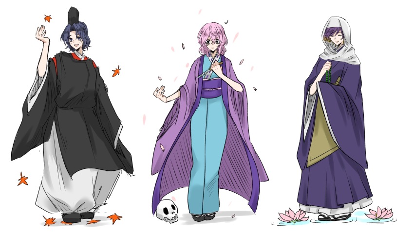 3girls beads black_eyes black_hat black_sandals blue_eyes blue_hair blue_kimono buddhist_nun closed_eyes closed_mouth commentary_request dagger empty_eyes flower full_body hat highres hijiri_byakuren holding holding_dagger holding_knife holding_weapon imminent_suicide japanese_clothes kariginu kesa kimono knife leaf looking_at_viewer lotus maple_leaf miyako_yoshika miyako_yoshika_(living) multiple_girls nap_muntarou obi open_mouth pants parted_bangs petals pink_hair prayer_beads purple_hair purple_kimono purple_sash saigyouji_yuyuko saigyouji_yuyuko_(living) sandals sash short_hair simple_background skull smile standing tate_eboshi touhou weapon white_background white_pants zouri