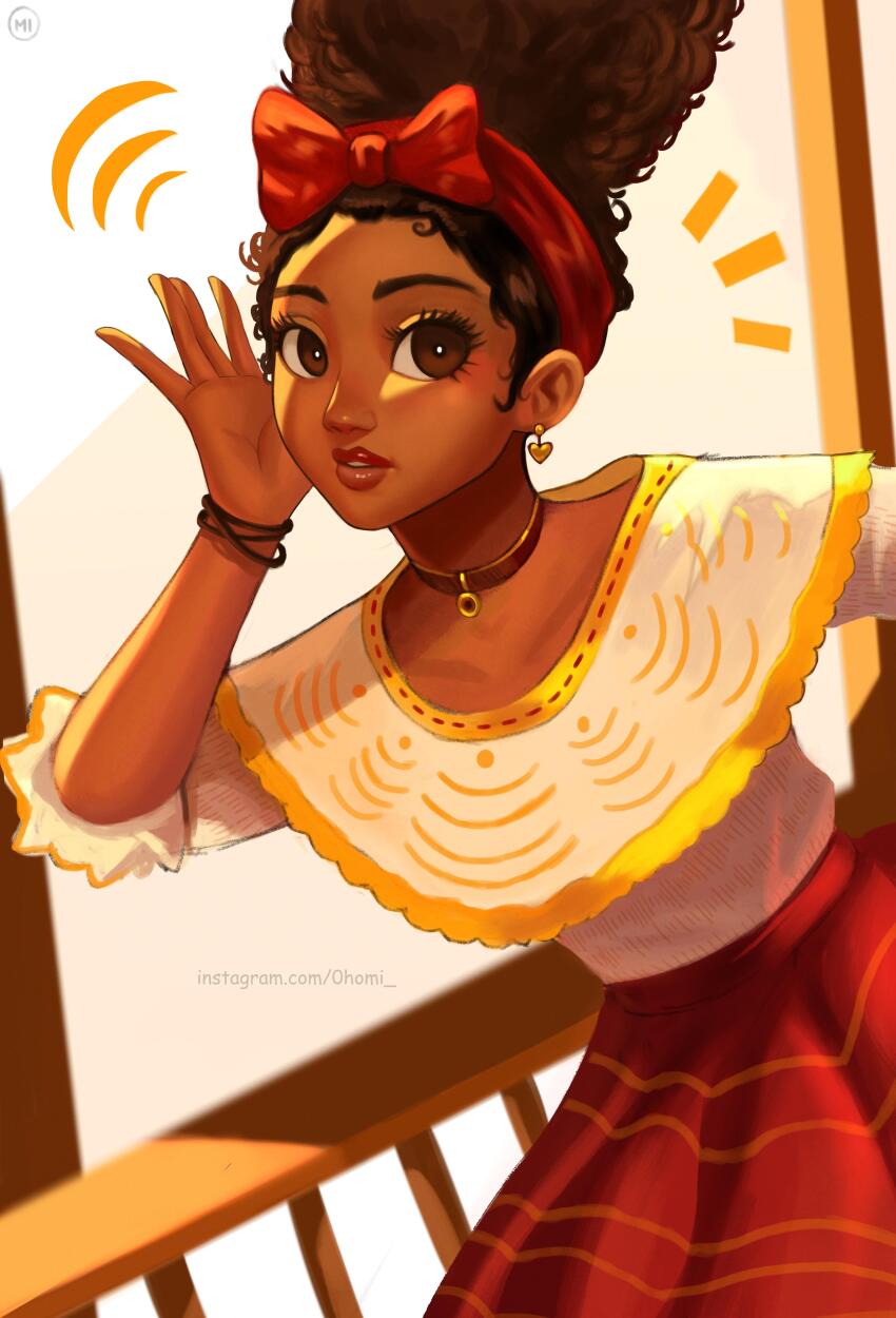 0homi 1girl absurdres brown_choker brown_eyes brown_hair capelet choker commentary dark-skinned_female dark_skin dolores_madrigal dress earrings encanto english_commentary hairband heart heart_earrings highres jewelry listening long_dress parted_lips railing red_hairband signature solo watermark web_address white_capelet wristband