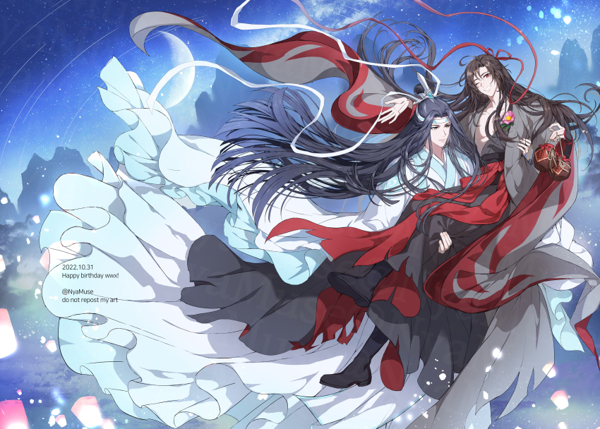 2boys absurdres artist_name bishounen black_footwear black_hair boots brown_eyes brown_hair carrying chinese_clothes closed_mouth cloud collarbone commentary dated floating_hair flower grey_robe grin hair_between_eyes hair_bun hair_ornament hair_ribbon hand_up hanfu headband highres holding jar lan_wangji lantern long_hair long_sleeves looking_at_another looking_at_viewer male_focus modao_zushi moon mountain multiple_boys muse_(rainforest) night night_sky one_eye_closed open_clothes open_robe outdoors paper_lantern parted_bangs pectorals pink_flower princess_carry red_eyes red_ribbon red_sash ribbon robe sash sidelocks single_hair_bun sky sky_lantern smile star_(sky) starry_sky teeth twitter_username very_long_hair watermark wei_wuxian wei_wuxian_(yiling_laozu) white_headband white_ribbon white_robe wide_sleeves xiao_guan_(headdress)