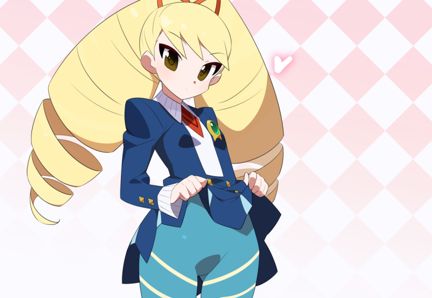 1girl blonde_hair blue_dress blue_pantyhose brown_eyes clothes_lift cowboy_shot dress dress_lift drill_hair heart kaidou_zx long_hair luna_platz_(mega_man) mega_man_(series) mega_man_star_force_(series) pantyhose pink_background simple_background solo twin_drills very_long_hair