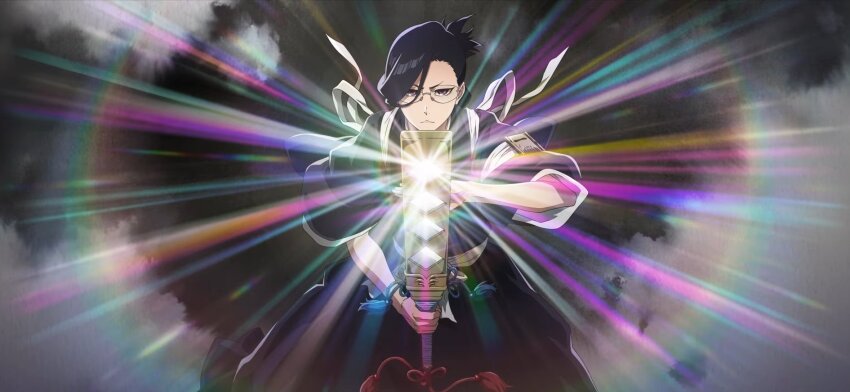 1girl badge black_hair bleach bleach:_brave_souls bleach:_sennen_kessen-hen female_focus fukutaichou_badge glasses glowing glowing_sword glowing_weapon grey_eyes hakama highres ise_nanao japanese_clothes kimono medium_hair official_art sash second-party_source shihakusho smoke sword weapon