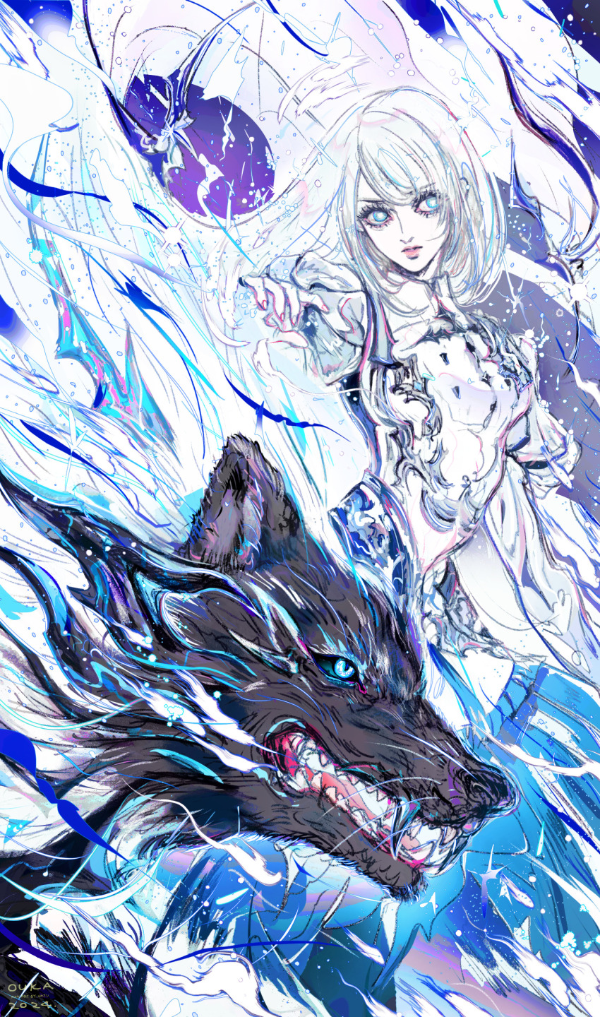 1girl absurdres aura black_sclera colored_sclera fangs fenrir_(final_fantasy) final_fantasy final_fantasy_xvi glowing glowing_eyes grey_eyes highres jill_warrick long_hair looking_at_viewer official_alternate_costume oju_(ouka) pale_skin shiva_(final_fantasy) standing torgal_(ff16) very_long_hair white_hair wolf