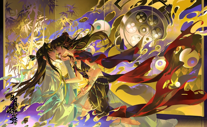 1boy 1girl absurdres alternate_costume arabian_clothes artist_request bamboo bandaged_arm bandages barefoot bell black_dress black_eyes black_hair bracelet breasts burning cape chain chest_sarashi chinese_clothes chinese_commentary chinese_text cleavage coin_(ornament) commission crop_top crying crying_with_eyes_open dancer dao_gui_yi_xian dress earrings eye_contact eyeball face-to-face fire floating_clothes floating_hair from_side full_body genderswap genderswap_(mtf) gold_chain hair_bun hair_ornament hair_ribbon hair_stick hand_on_another&#039;s_chest hand_on_another&#039;s_face hanfu harem_outfit hetero highres imminent_kiss jewelry li_huowang long_hair long_sleeves looking_at_another medium_breasts midriff navel neck_bell necklace open_mouth orb paintbrush_hair_ornament profile red_cape red_eyes ribbon sarashi second-party_source single_hair_bun sitting smile tassel tassel_earrings tears torn_clothes white_hanfu wide_sleeves zhuge_yuan