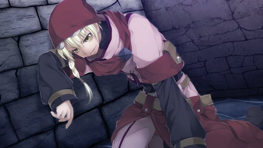 1boy against_wall atelier-moo belt blonde_hair braid goggles grey_swift hair_between_eyes hat kneeling leaning_forward long_sleeves open_mouth red_hat short_hair solo stone_floor stone_wall sweat wall wizards_symphony yellow_eyes