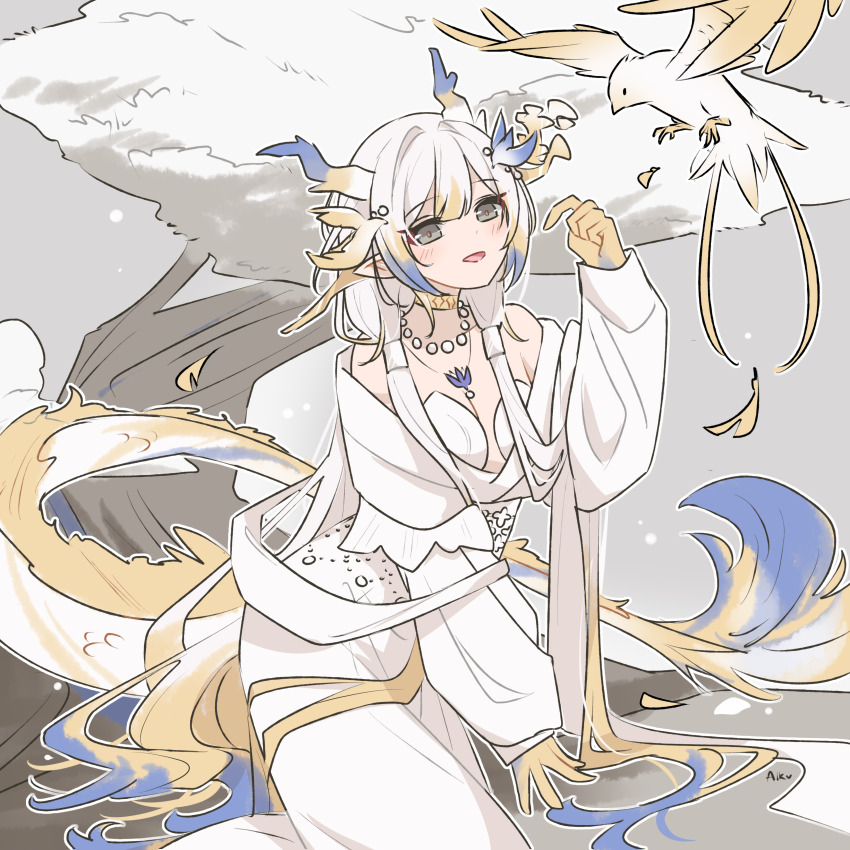 1girl 1other absurdres alkaru arknights bare_shoulders bird bird_hair_ornament bird_tail bird_wings blush breasts brooch choker cleavage dragon_girl dragon_horns dragon_tail dress eastern_dragon_horns eastern_dragon_tail feathered_wings gold_choker green_eyes hair_between_eyes hair_ornament highres horns jewelry long_sleeves looking_at_another open_mouth pointy_ears shu_(arknights) shu_(bingwenyuyou)_(arknights) sitting small_breasts smile tail tree white_dress white_hair wings