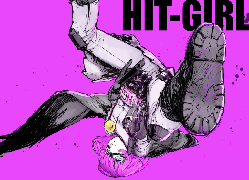 1girl belt belt_pouch blue_eyes bob_cut boots cape feet female_focus foot_focus gun handgun hit-girl kick-ass mask mitosa perspective pistol plaid_clothes plaid_skirt pouch purple_hair short_hair simple_background skirt solo weapon