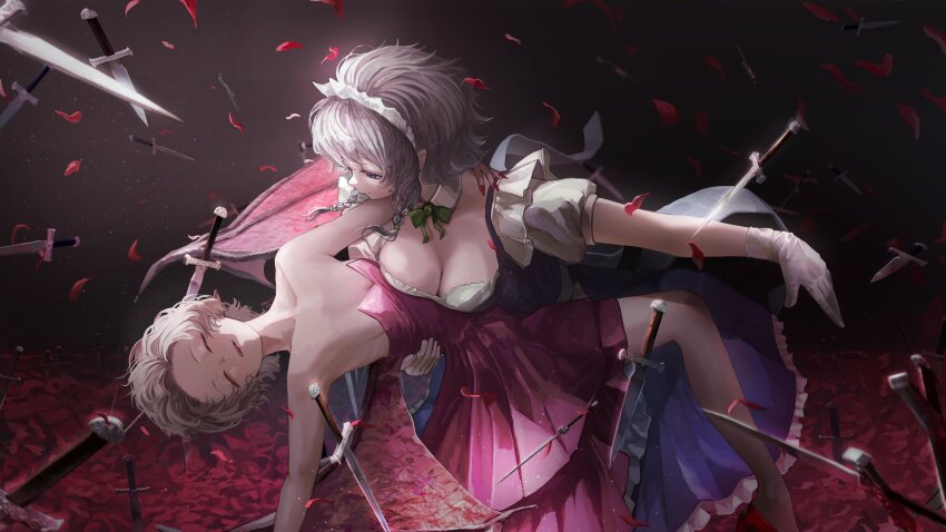 absurdres apron ascot bat_wings between_fingers blue_hair bow braid breasts brooch carrying dedemaru dress falling_petals floating floating_object floating_sword floating_weapon green_bow grey_hair hat highres holding izayoi_sakuya jewelry knife maid maid_apron maid_headdress moon multiple_girls multiple_swords open_mouth petals pocket_watch princess_carry red_ascot red_eyes red_moon remilia_scarlet rose_petals short_hair sleeveless sword touhou twin_braids vampire waist_apron watch weapon wings wrist_cuffs