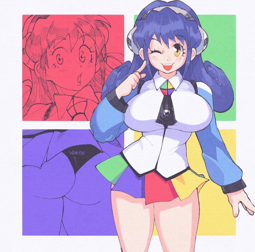 1girl ass back-print_panties black_necktie blue_hair blue_skirt blue_sleeves breasts collared_shirt cowboy_shot green_skirt hand_up headphones index_finger_raised inkerton-kun large_breasts long_hair long_sleeves looking_at_viewer microskirt microsoft_windows multicolored_skirt necktie one_eye_closed open_mouth os-tan panties pantyshot personification pleated_skirt print_panties product_girl red_skirt shirt short_necktie skirt smile teeth thighs underwear upper_teeth_only wedgie winchan yellow_eyes yellow_skirt