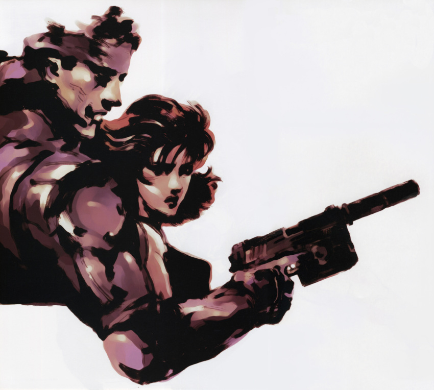 1990s_(style) 1boy 1girl absurdres an/peq-6 bandana brown_theme flashlight flipped_hair gun h&amp;k_mark_23 handgun heckler_&amp;_koch highres insight_technology kac_mk23_suppressor knight&#039;s_armament_company konami laser_aiming_module laser_pointer laser_sight match_grade match_grade_firearm match_grade_pistol meryl_silverburgh metal_gear_(series) metal_gear_solid offensive_handgun official_art retro_artstyle scar shinkawa_youji solid_snake suppressor tactical_light weapon