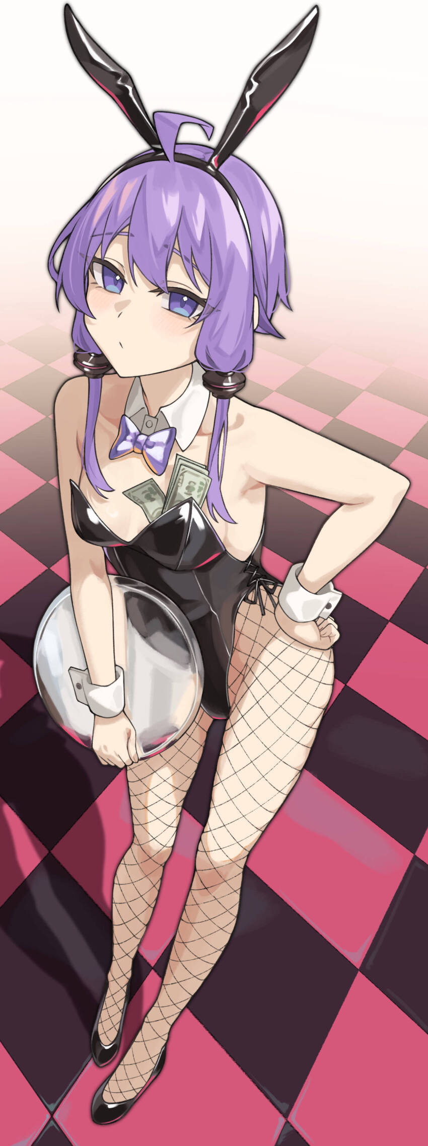 1girl absurdres ahoge animal_ear_hairband animal_ears black_leotard black_shoes bow bowtie checkered_flag detached_collar fake_animal_ears fishnet_pantyhose fishnets flag full_body gukr4322 hairband highres leotard looking_at_viewer money pantyhose playboy_bunny purple_bow purple_bowtie purple_eyes purple_hair rabbit_ears shoes short_hair_with_long_locks solo strapless strapless_leotard voiceroid wrist_cuffs yuzuki_yukari