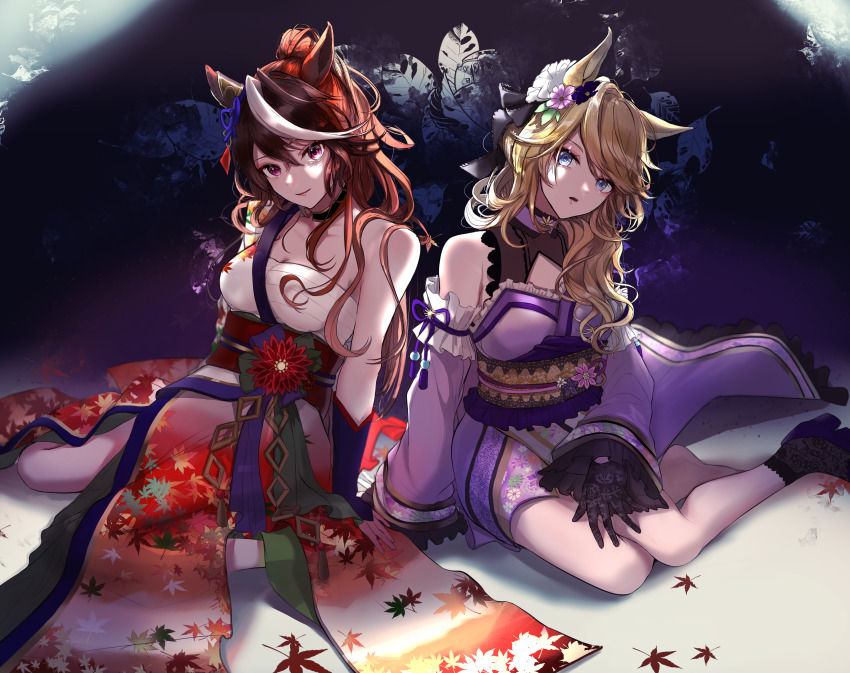 2girls absurdres animal_ears bare_shoulders barefoot black_gloves blonde_hair blue_eyes breasts brown_hair chest_sarashi choker detached_sleeves ear_covers elbow_gloves flower gloves gold_city_(akizakura_danzatrice)_(umamusume) gold_city_(umamusume) hadanugi_dousa hair_between_eyes hair_flower hair_ornament hand_on_lap highres horse_ears horse_girl japanese_clothes kimono lipstick long_hair makeup medium_breasts multicolored_hair multiple_girls obi official_alternate_costume open_clothes open_kimono pipi_(pipinavigation) ponytail purple_eyes sarashi sash shoes single_ear_cover sitting swept_bangs symboli_rudolf_(archer_of_the_white_moon)_(umamusume) symboli_rudolf_(umamusume) umamusume white_hair yokozuwari