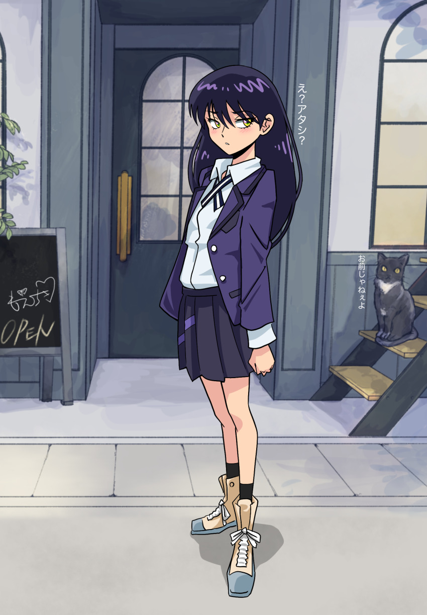 1girl black_hair black_socks blue_jacket blue_skirt cat door gundam gundam_gquuuuuux highres jacket long_hair looking_at_viewer moechiki nyaan_(gundam_gquuuuuux) outdoors pleated_skirt shirt skirt socks solo standing white_shirt yellow_eyes
