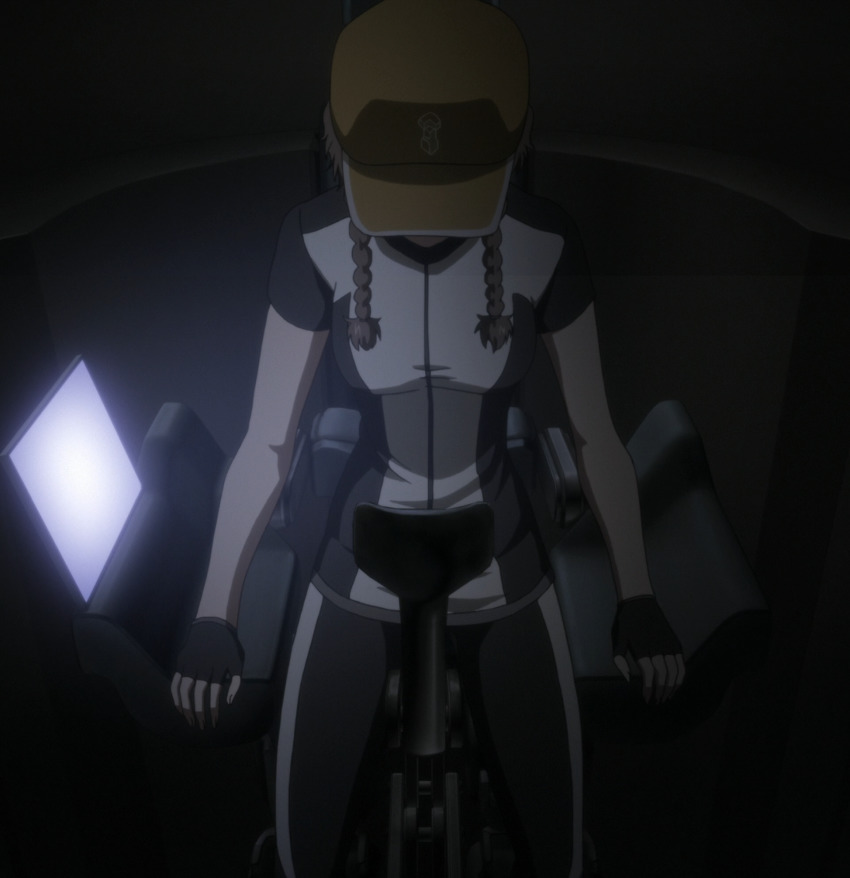 amane_suzuha anime_screenshot baseball_cap braid breasts brown_hair fingerless_gloves gloves hat hidden_face highres indoors sportswear steins;gate steins;gate:_fuka_ryouiki_no_du00e9ju00e0_vu stitched thighs third-party_edit time_machine twin_braids twintails