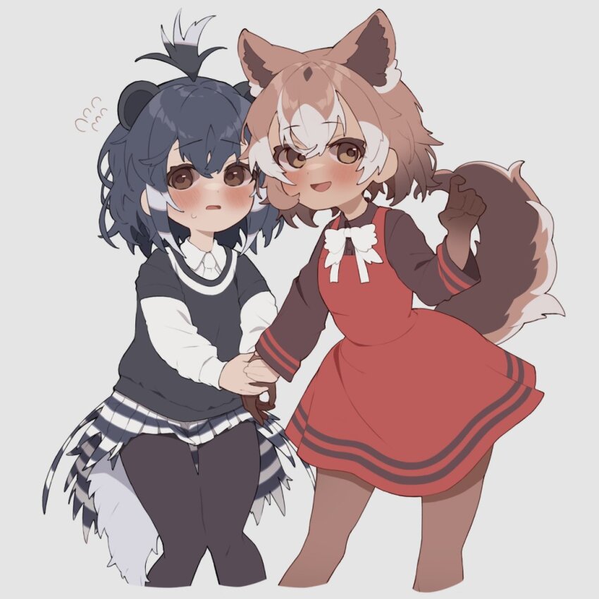 2girls animal_ears black_hair black_pantyhose black_skirt black_sweater blush bow bowtie brown_eyes brown_gloves brown_hair brown_pantyhose brown_shoes collared_shirt cowboy_shot crested_porcupine_(kemono_friends) dog_ears dog_girl dog_tail dress elbow_gloves extra_ears flying_sweatdrops gloves gradient_gloves hair_between_eyes holding_hands kemono_friends long_sleeves masaratta multicolored_hair multiple_girls necktie new_guinea_highland_wild_dog_(kemono_friends) open_mouth pantyhose pleated_skirt porcupine_ears porcupine_girl red_dress shirt shoes skirt smile sweater tail two-tone_hair two-tone_skirt white_bow white_bowtie white_hair white_necktie white_shirt white_skirt