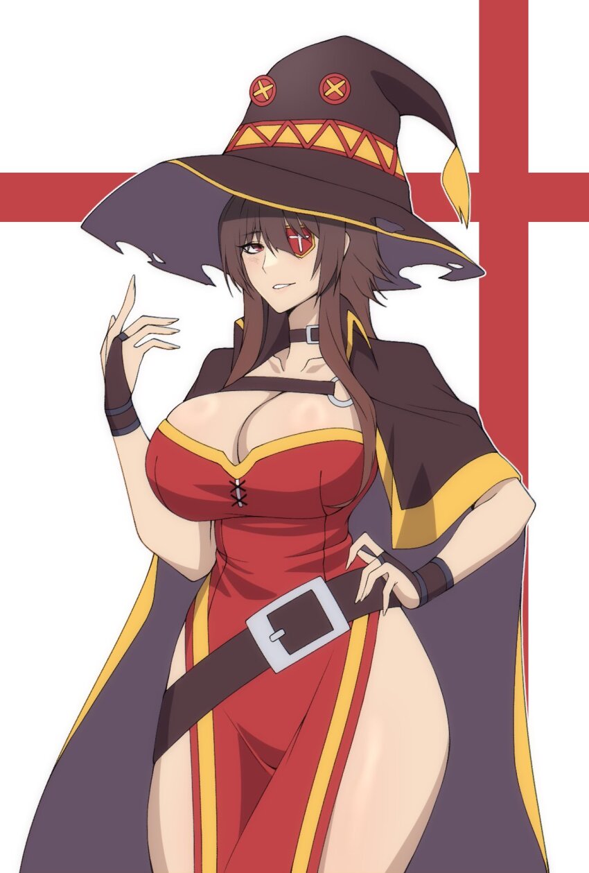1girl aged_up alternate_breast_size belt_buckle black_cape black_choker breasts brown_hair buckle button_eyes buttons cape cero_rains choker cleavage dress eyepatch gloves hat highres kono_subarashii_sekai_ni_bakuen_wo! kono_subarashii_sekai_ni_shukufuku_wo! large_breasts long_hair megumin oversized_belt red_dress red_eyes short_hair short_hair_with_long_locks solo standing thick_thighs thighs wide_hips witch_hat yellow_trim