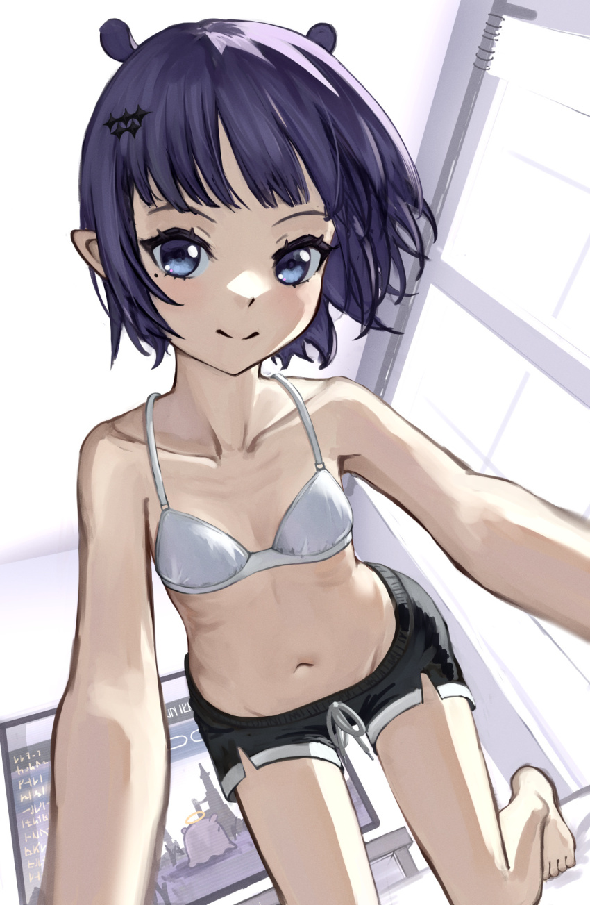 1girl all_fours black_shorts blue_eyes bra breasts closed_mouth dolphin_shorts flat_screen_tv highres hololive hololive_english mole mole_under_eye navel ninomae_ina&#039;nis purple_hair short_hair shorts small_breasts smile solo sozoroame takodachi_(ninomae_ina&#039;nis) television tentacle_hair underwear virtual_youtuber white_bra window