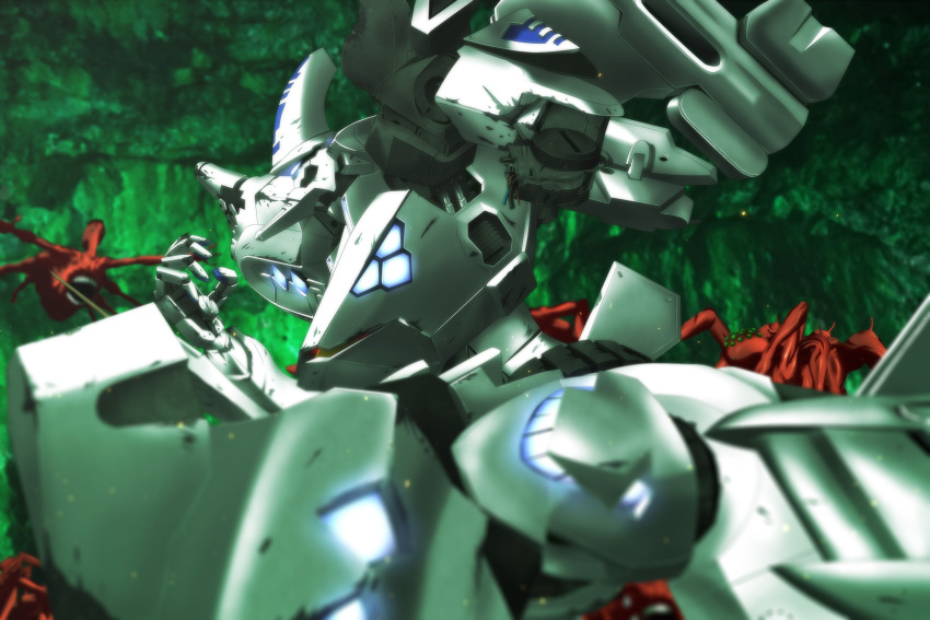 alien beta_(muv-luv) damaged from_side genya_(genya67) glowing highres mecha muv-luv muv-luv_alternative no_humans open_hand open_mouth robot science_fiction spoilers tactical_surface_fighter textless_version type_00_takemikazuchi visor
