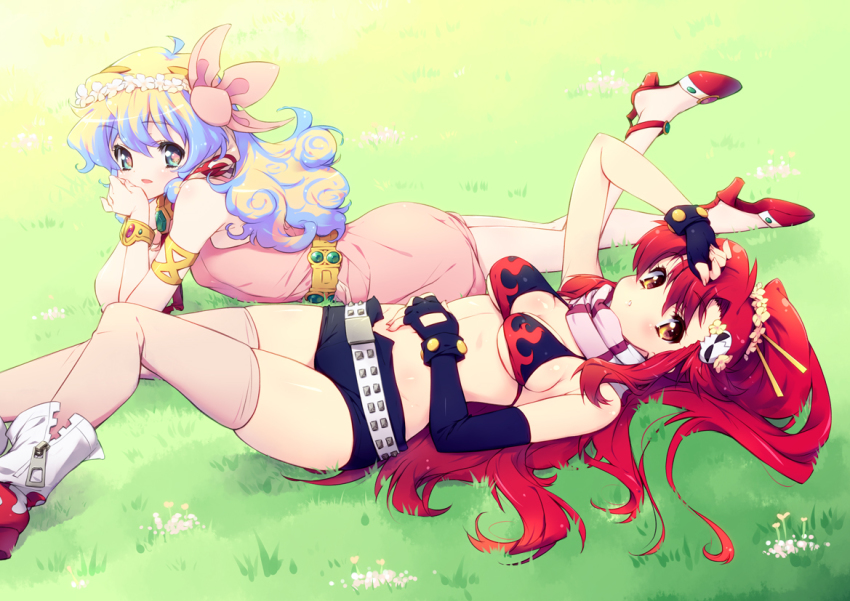 +_+ 00s 2girls bikini bikini_top_only breasts cross-shaped_pupils fingerless_gloves gloves grass green_eyes hair_ornament hair_ribbon hand_on_own_stomach long_hair looking_at_viewer lying medium_breasts multicolored_hair multiple_girls nia_teppelin on_back on_grass on_ground on_stomach pandaki_(aki) ponytail red_hair ribbon short_shorts shorts skull_hair_ornament small_breasts swimsuit symbol-shaped_pupils tengen_toppa_gurren_lagann thighhighs yellow_eyes yoko_littner