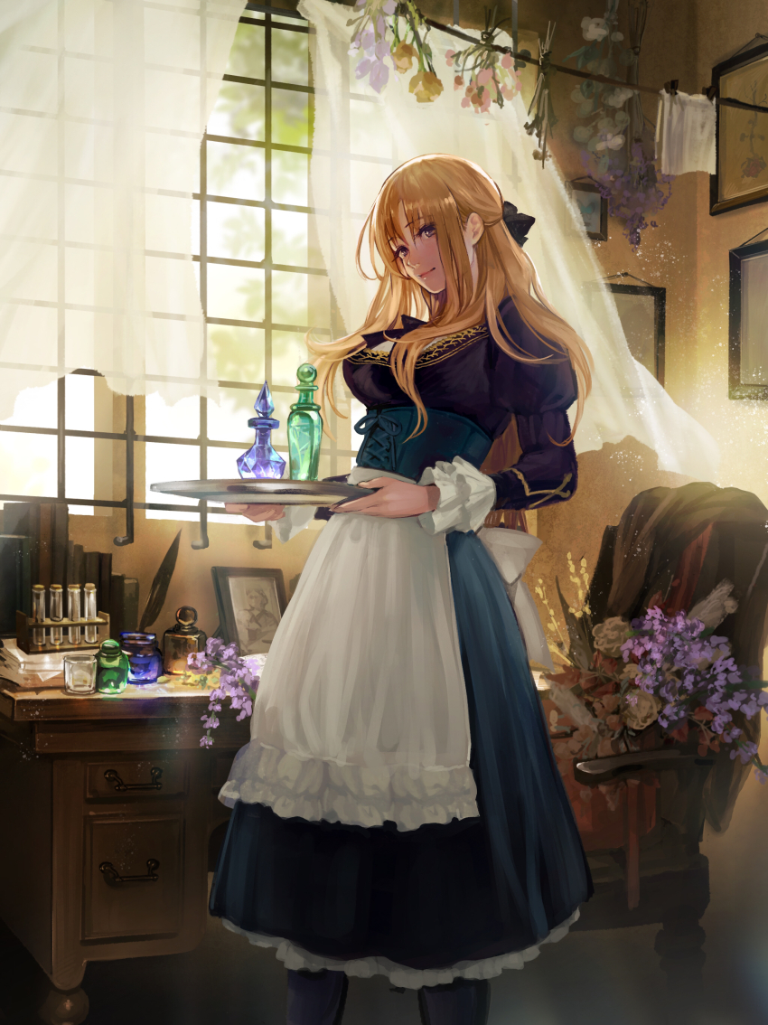 1girl absurdres apron bag black_bow black_footwear blonde_hair blue_skirt book bottle bouquet bow breasts chair curtains desk drawing_(object) dried_flower feet_out_of_frame flower frilled_sleeves frills hair_bow half_updo hanging_flower high-waist_skirt highres holding holding_tray ida_rintarou inkwell jar juliet_sleeves large_breasts light_particles lips long_hair long_sleeves looking_at_viewer original paper parted_bangs picture_frame puffy_sleeves purple_shirt quill shirt skirt smile standing test_tube test_tube_rack see-through_curtains tray waist_apron white_apron window