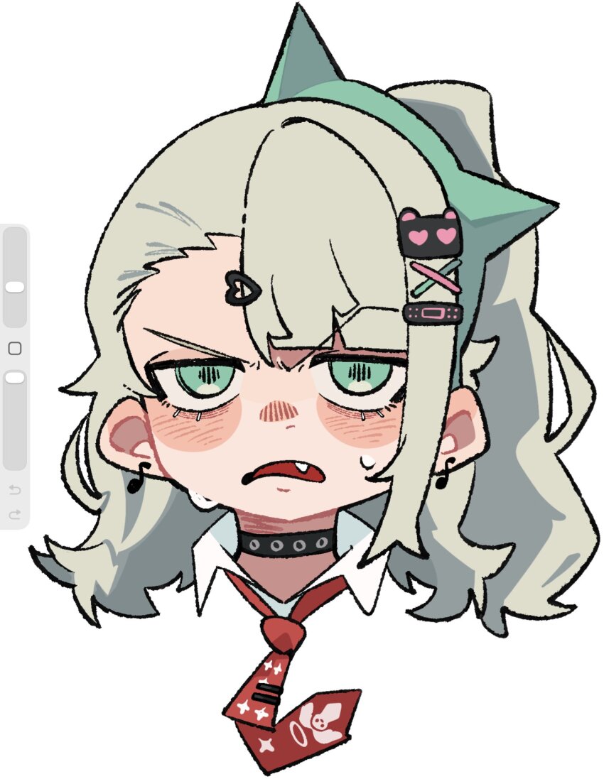 1girl bandaid bandaid_hair_ornament blush chinatsu_remiel collar earrings fang green_eyes green_hair hair_ornament hashtag-only_commentary heart heart_hair_ornament highres jewelry multiple_hair_clips musical_note_earrings necktie open_mouth ponytail portrait print_necktie raised_eyebrow red_necktie ring_hair_ornament simple_background solo sweat uracata v-shaped_eyebrows white_background x_hair_ornament zenless_zone_zero