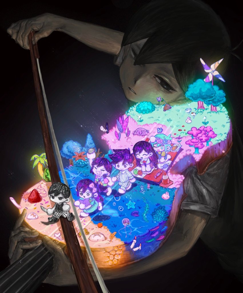+_+ 2girls 5boys ^_^ air_bubble apple arm_up aubrey_(headspace)_(omori) aubrey_(omori) ball basil_(headspace)_(omori) basil_(omori) beachball black_eyes black_footwear black_hair black_tank_top blue_dress blue_overalls bone bow bow_(music) bubble candy checkered_blanket chicken_(food) closed_eyes closed_mouth collared_shirt colored_skin commentary delim_huihe desert dress english_commentary floating flower food forest forest_bunny_(omori) fruit grass green_apple green_eyes green_hair hair_bow hand_on_own_head hands_on_own_knees head_tilt head_wreath hector_(omori) hero_(headspace)_(omori) hero_(omori) highres holding holding_ball holding_bow_(music) holding_instrument holding_knife holding_rock holding_stuffed_toy holding_violin icing instrument jellyfish kel_(headspace)_(omori) kel_(omori) kneeling knife light_particles long_hair long_sleeves looking_at_object mari_(headspace)_(omori) mari_(omori) mini_person miniboy minigirl multiple_boys multiple_girls music nature no_mouth no_sclera omori omori_(omori) one_eye_closed overalls pajamas palm_tree parted_lips pinwheel playing_instrument rabbit apple rock seafloor seaweed seiza shirt short_hair short_sleeves shorts sidelocks silk sitting size_difference smile spider_web sprinkles sprout_mole starfish strawberry striped_clothes striped_shorts stuffed_eggplant stuffed_toy sunny_(omori) sweatdrop tank_top traffic_cone tree v-shaped_eyebrows vertical-striped_clothes vertical-striped_shorts violin walking watermelon white_skin worm wormhole wrapped_candy yellow_shirt