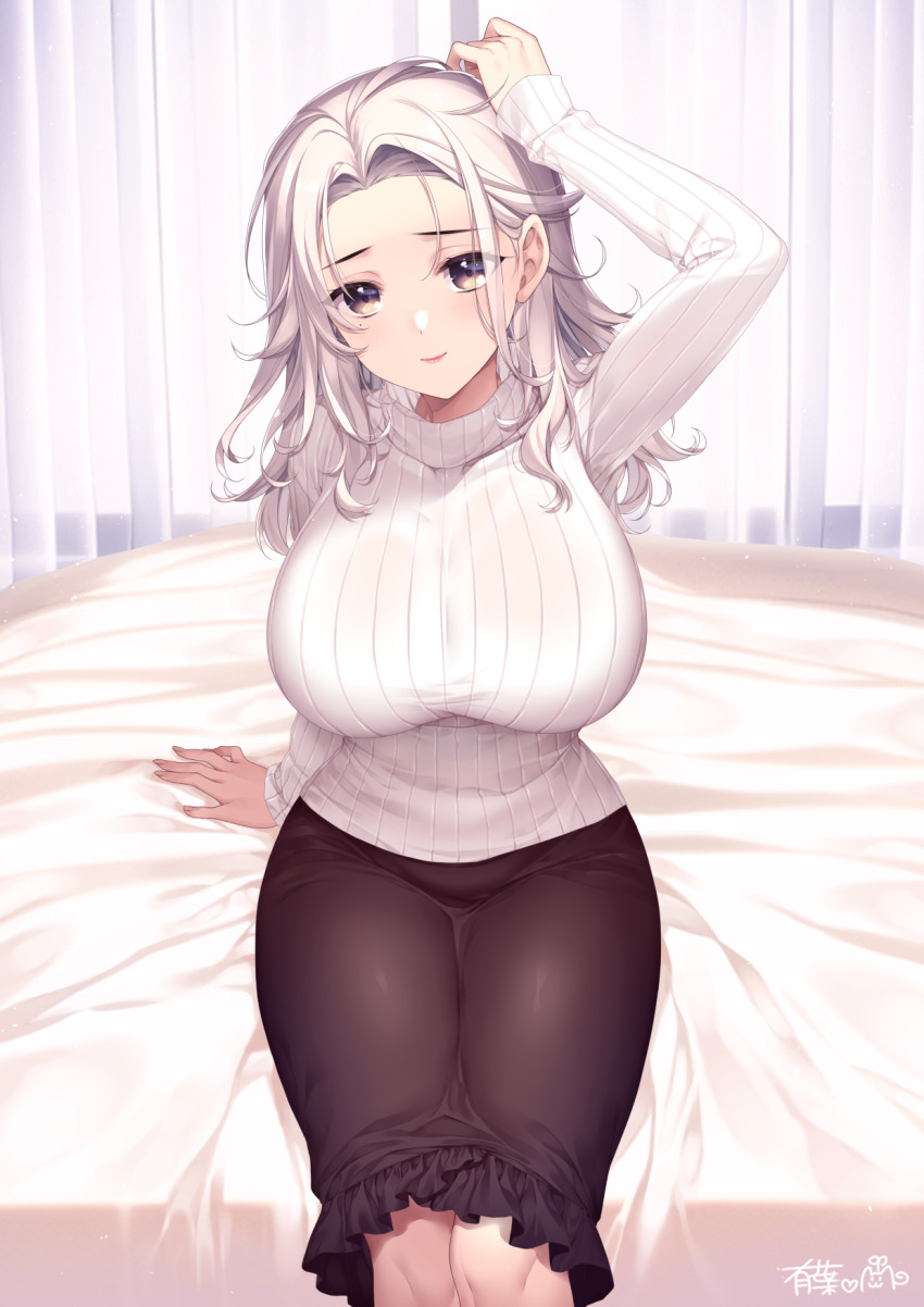 1girl alpha_(yukai_na_nakamatachi) bedside black_skirt breasts brown_eyes closed_mouth curvy feet_out_of_frame forehead hand_on_own_head highres indoors knees large_breasts long_hair long_sleeves looking_at_viewer medium_skirt original ribbed_sweater see-through_clothes signature sitting skirt sleeves_past_wrists smile solo sweater taut_sweater turtleneck turtleneck_sweater white_hair white_sweater