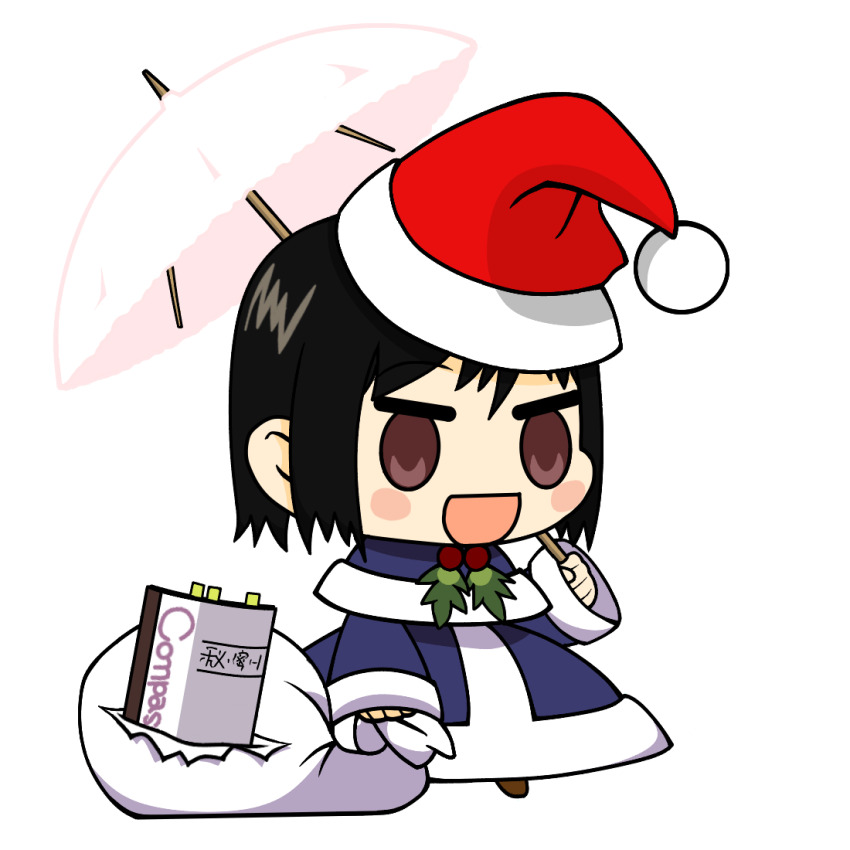 1girl :d black_hair blue_dress blue_santa_costume blush_stickers bob_cut brown_eyes brown_footwear chibi christmas dimusoika dress fur-trimmed_headwear fur_trim gift_bag hat holding holding_sack long_sleeves meme nakahara_misaki nhk_ni_youkoso! notebook open_mouth padoru_(meme) parasol pink_umbrella red_hat sack santa_costume santa_hat self-upload short_hair smile solo textless_version transparent_background umbrella v-shaped_eyebrows