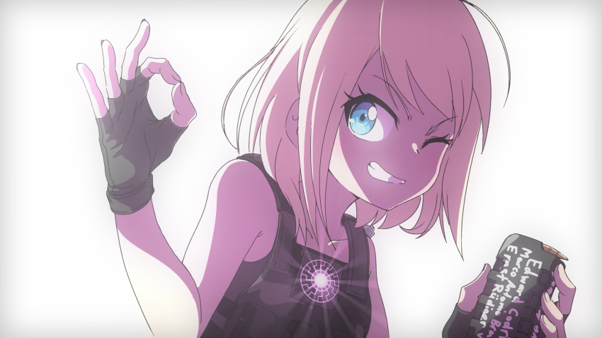 1girl artist_request blonde_hair brenton_tarrant female_focus gradient_background highres nazi ok_sign real_life smile solo terrorist upper_body white_background