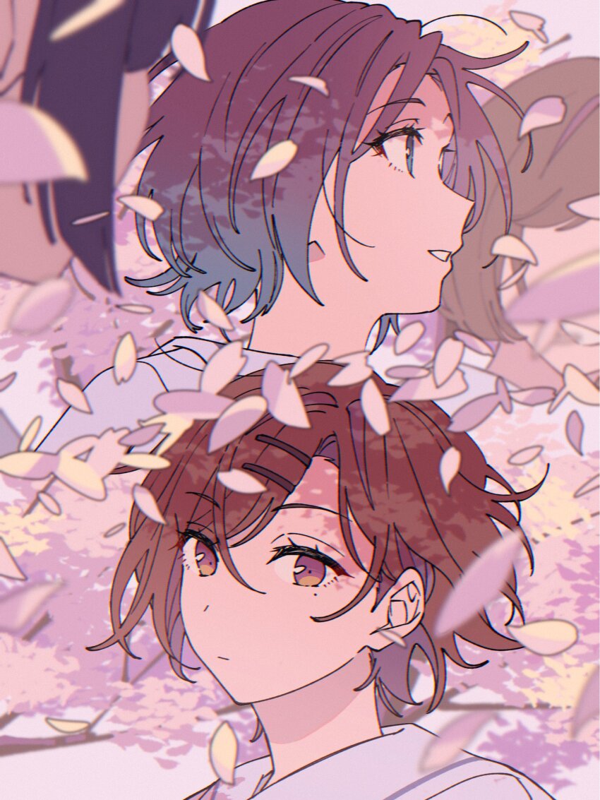 4girls asakura_toru brown_hair cherry_blossoms faceless faceless_female falling_petals highres higuchi_madoka idolmaster idolmaster_shiny_colors looking_ahead looking_at_another mole mole_under_eye multiple_girls niyororinpayamaru outdoors petals purple_hair