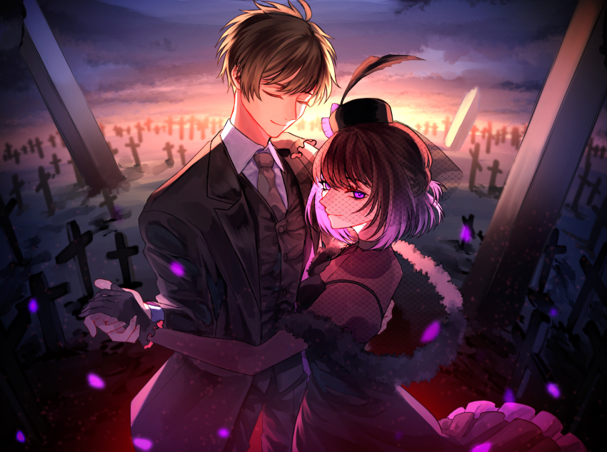 1girl absurdres axis_powers_hetalia black_dress black_gloves breasts brown_hair closed_eyes cloud cloudy_sky collared_shirt cross czech_republic_(hetalia) dancing dress evening falling_petals feather_boa formal_clothes formal_clothes gloves gradient_sky grave graveyard grey_sky half_updo hat hat_feather highres holding_hands jacket long_sleeves looking_at_viewer mocota_0207 necktie orange_sky outdoors petals purple_eyes see-through_clothes see-through_veil shirt short_hair sky slovakia_(hetalia) smile suit sunset veil