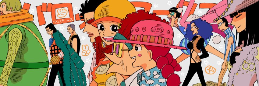 5girls 6+boys black_hair blue_hair blunt_bangs blush_stickers bon_clay buzz_cut cloud_print coat coat_on_shoulders commentary cowboy_hat crocodile_(one_piece) cropped_jacket daz_bones food_print fruit_print fur-trimmed_jacket fur_trim galdino glasses green_hair hat highres hook_hand jacket lemon_print makeup maro_(aihan6133) medium_hair miss_goldenweek miss_merry_christmas miss_valentine mister_five_(one_piece) mister_four_(one_piece) multiple_boys multiple_girls nico_robin nico_robin_(alabasta) one_piece paula_(one_piece) pink_coat profile red_hair short_hair smile twintails very_short_hair white_hat yellow_hat