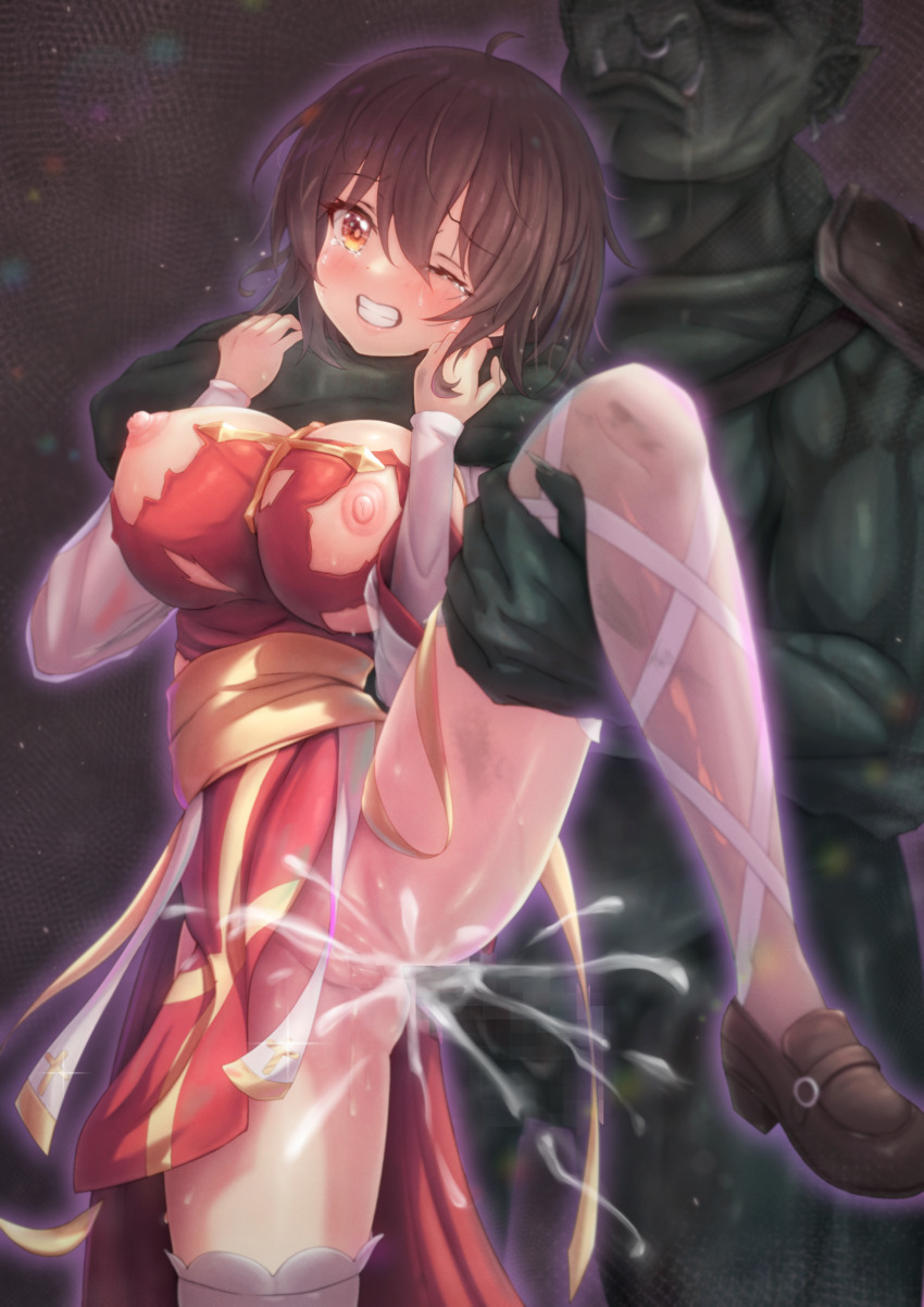 1boy 1girl absurdres anal arch_bishop_(ragnarok_online) blush breasts brown_eyes brown_footwear brown_hair censored clenched_teeth clothed_female_nude_male colored_skin commentary_request commission cross cum cum_in_ass dress ejaculation faceless faceless_male foot_out_of_frame green_skin hair_between_eyes hetero highres large_breasts leg_lift loafers long_bangs looking_at_viewer mosaic_censoring nipples no_panties nose_piercing nose_ring nude one_eye_closed orc orc_warrior_(ragnarok_online) pelvic_curtain penis piercing psd_available pussy_juice ragnarok_online rape red_dress sash see-through_clothes see-through_thighhighs sex shoes short_hair skeb_commission solo_focus standing standing_sex teeth thighhighs torn_clothes torn_dress tusks white_thighhighs yellow_sash zusshii_(libertasgenesis)