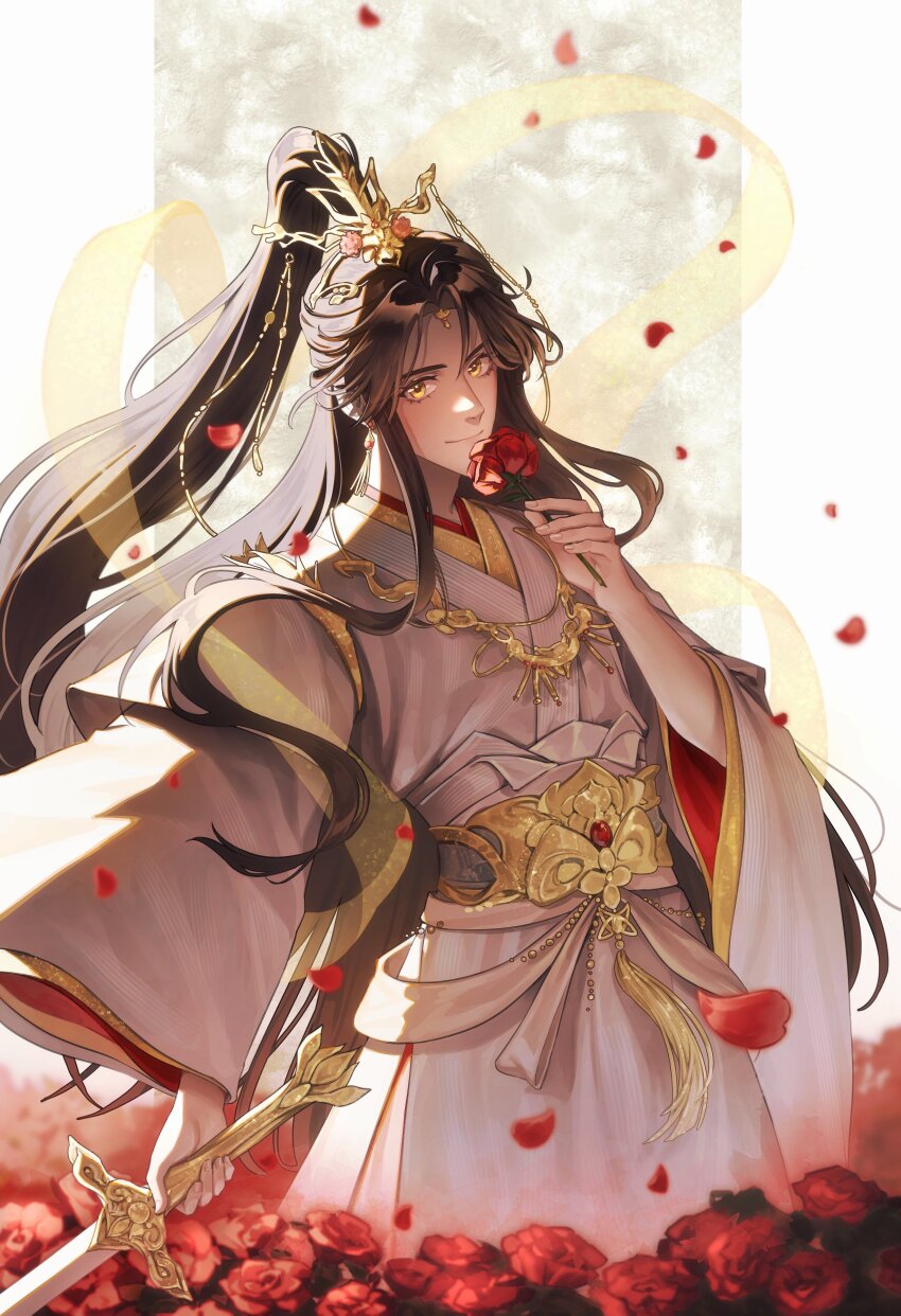 1boy absurdres arm_at_side backlighting belt brown_hair chinese_clothes chinese_hairpin closed_mouth cowboy_shot curtained_hair earrings eyelashes falling_petals fingernails floating_hair flower flower_bed flower_to_mouth forehead_jewel gem glitter gold_belt gold_necklace gold_trim gong_(tgcf_gong) grey_background hair_flower hair_ornament hand_up hanfu high_ponytail highres holding holding_flower holding_sword holding_weapon jewelry limited_palette long_hair long_sidelocks looking_at_viewer male_focus necklace parted_bangs petals pink_hair ponytail red_flower red_gemstone red_petals red_theme sash shawl sidelocks simple_background smile standing straight_hair sunlight sword tassel tassel_earrings thick_eyelashes tianguan_cifu two-tone_background very_long_hair waist_tassel weapon white_background white_hanfu white_sash white_theme wide_sleeves wispy_bangs xiao_guan_(headdress) xie_lian xie_lian_(flower_crowned_martial_god) yellow_eyes yellow_shawl yellow_theme